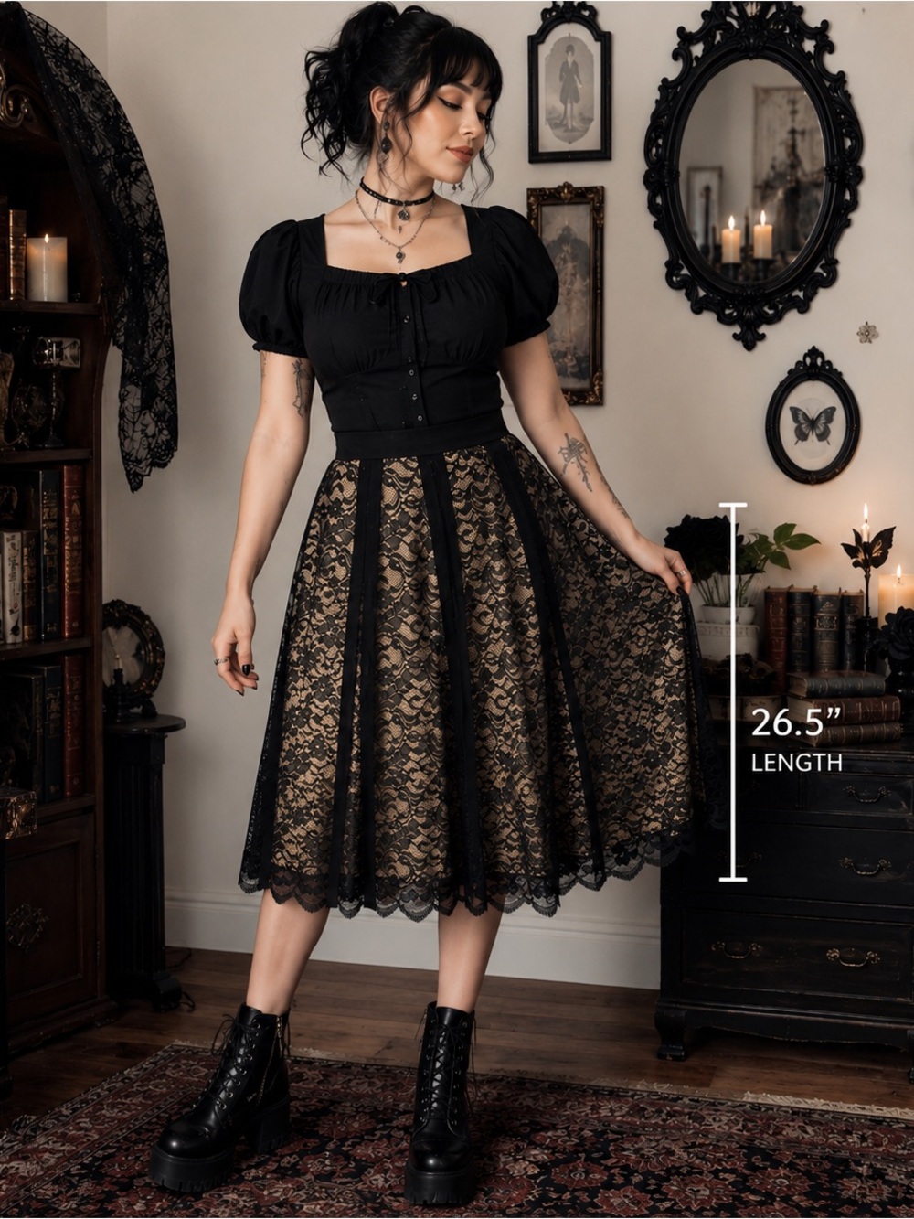 Apostrophe Whimsigoth Black Lace Satin MIDI Skirt Size XL Grunge Fairy Core Y2K